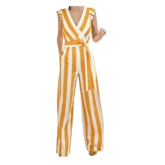Boden Mila Orange Stripe Womens Linen Wrap Bodice Wide Leg Jumpsuit Size 4P - Picture 1 of 7
